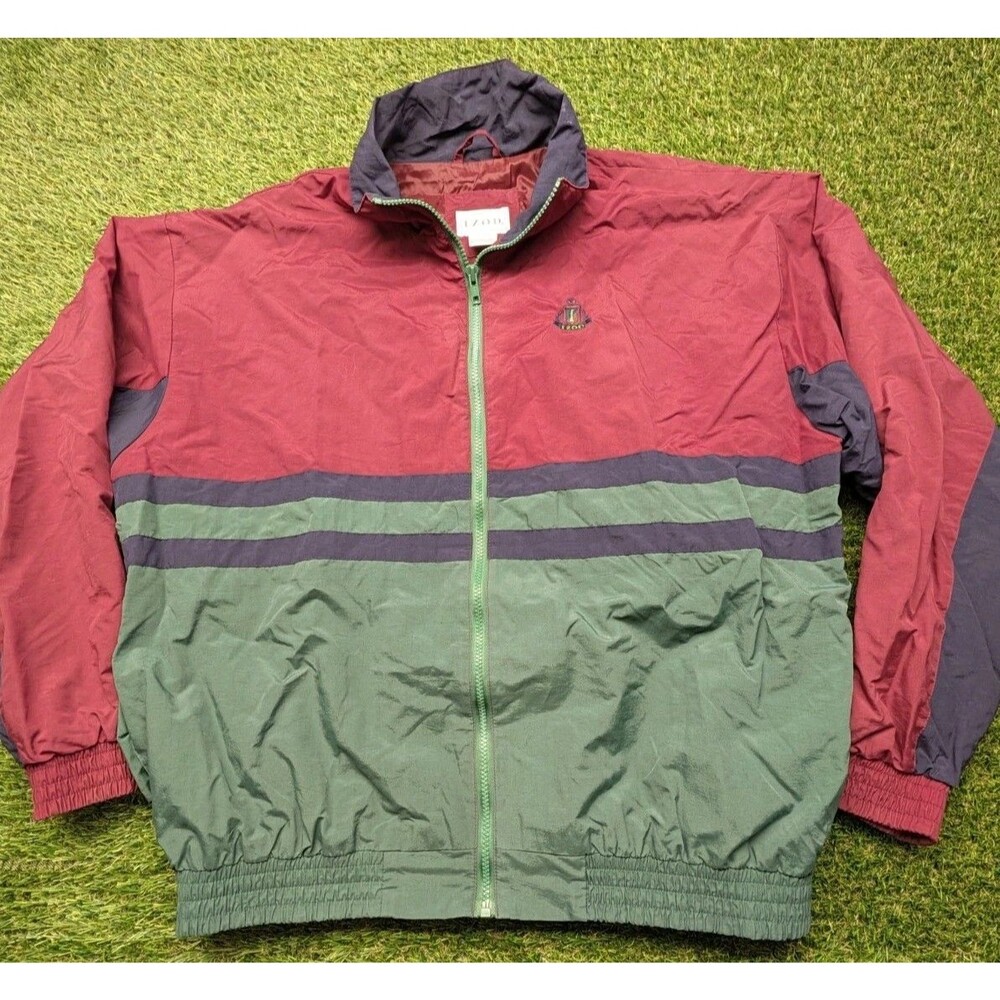 Vintage Izod Men L Windbreaker Jacket Colorblock Burgundy Green Nylon Full Zip